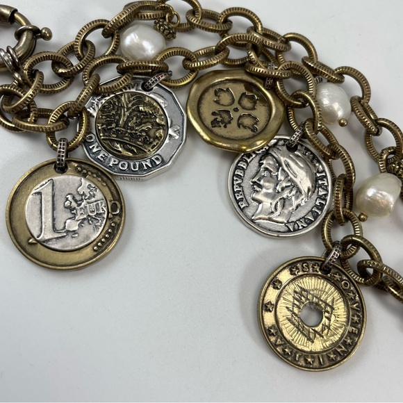 Stunning Gold Tone Chain Coin Pearl Double Layer Statement Dangle Bracelet - Picture 3 of 6